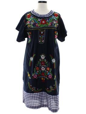 Vintage 70s Huipil Embroidered Floral Navy Cotton Lounge Dress Women's M/L